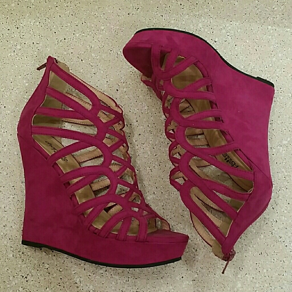 Pink Faux Suede Wedge Sandals